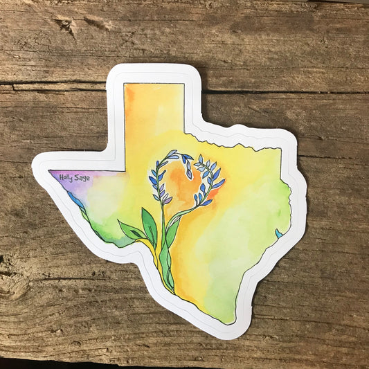 Texas state outline sticker with bluebonnet growing in the center