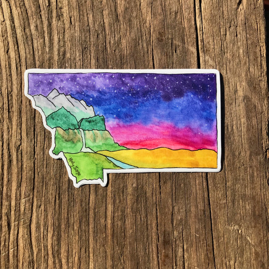 Montana landscape inside the Montana state outline sticker