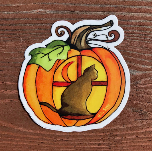 Cat silhouette inside a carved pumpkin sticker
