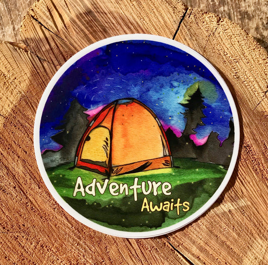 Adventure Awaits night sky camping sticker