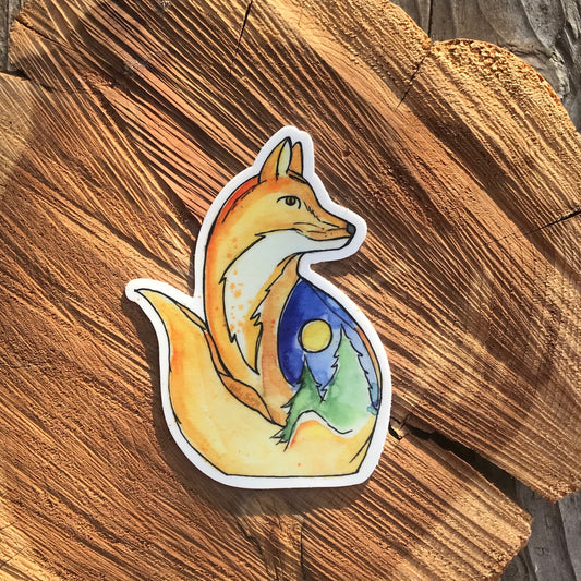 Red fox sticker with nighttime landscape painted inside
