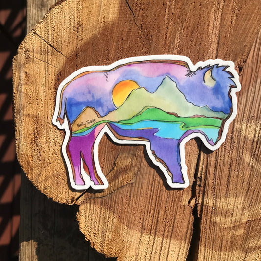 Bison outline sticker with landscape painted inside