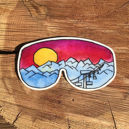 Ski resort and mountain landscape in ski goggles sticker