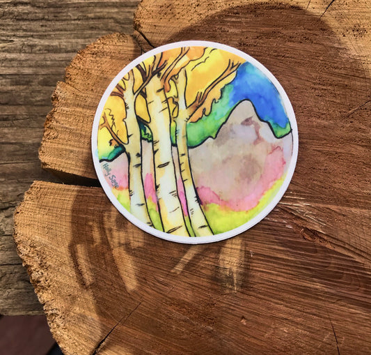 Autumn aspen sticker with a mountain landscape