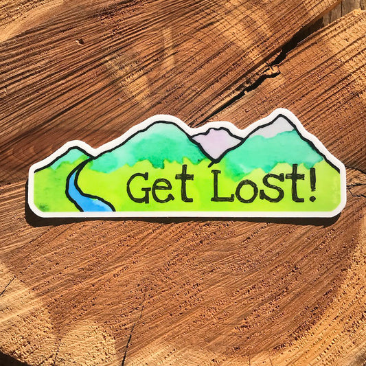 Mountain landscape with Get Lost text as a sticker