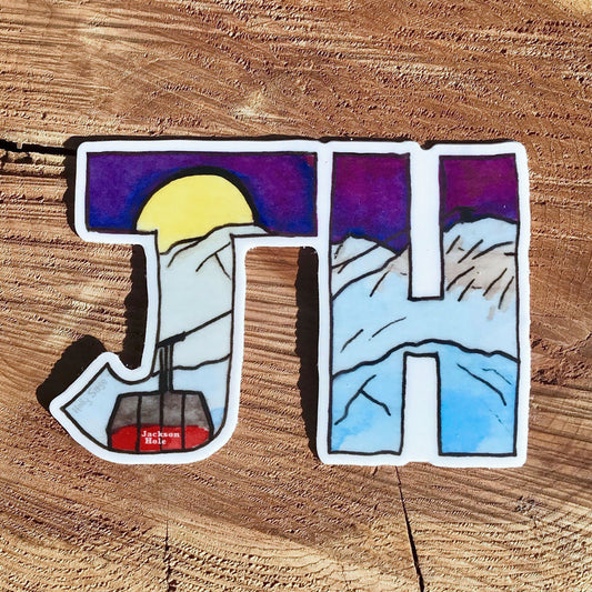 Jackson Hole Mountain Resort Tram and mountains in JH letters sticker