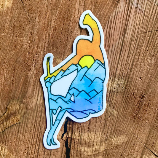Skier sticker with winter mountain landscape inside