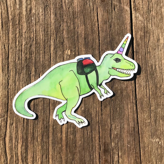 Fun and whimsical hiker T. Rex sticker
