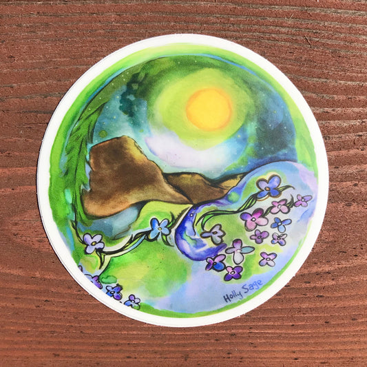 Abstract mountain grove with forget-me-not wildflowers sticker