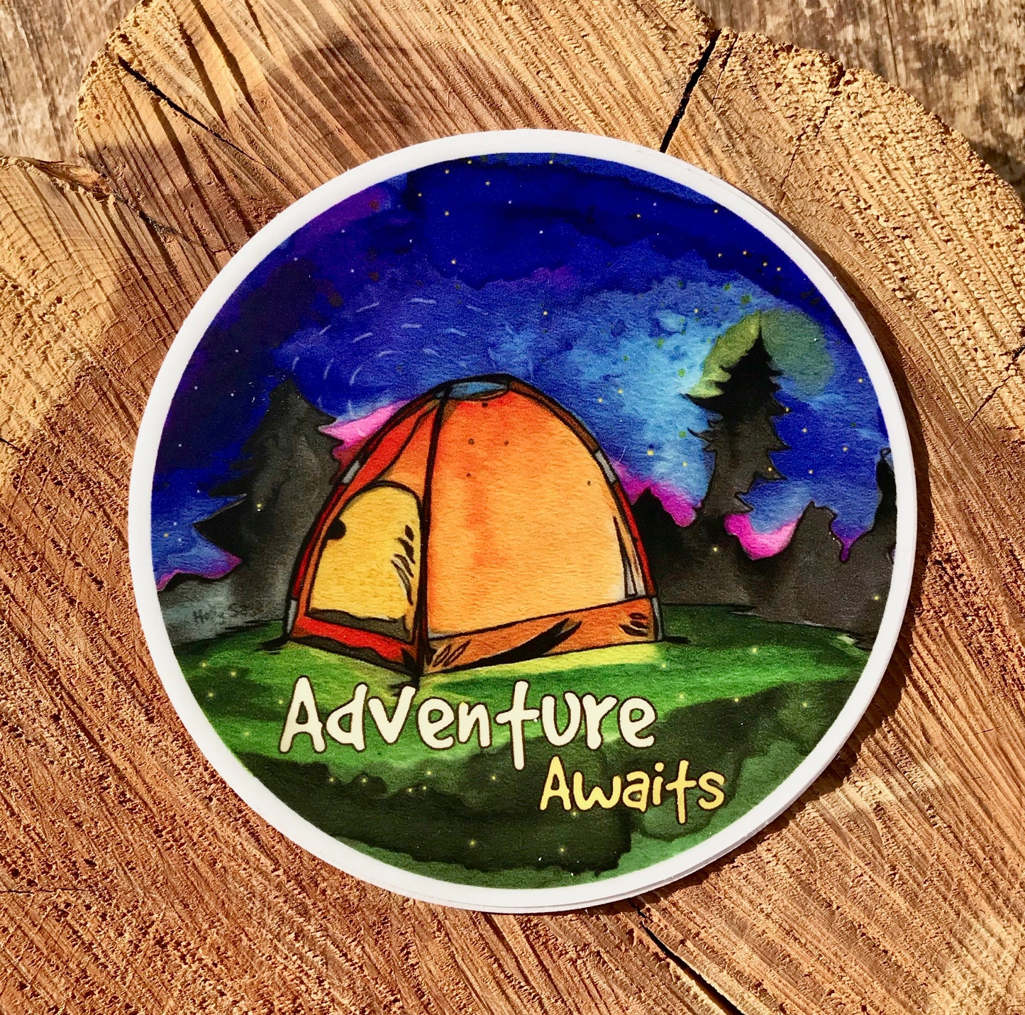 Adventure Awaits night sky camping sticker