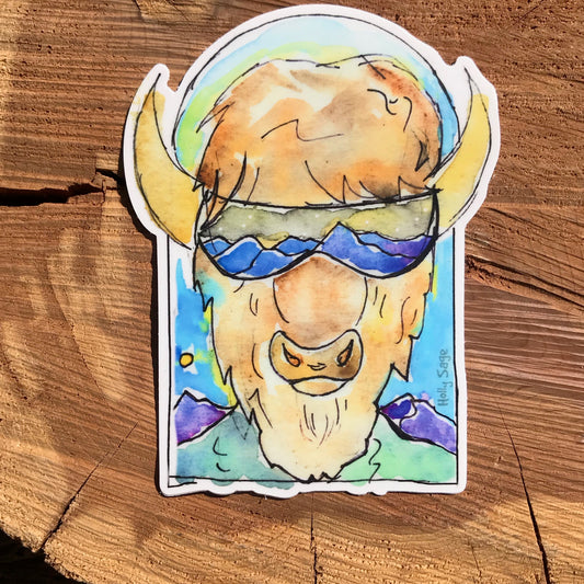 A sticker of a bison dressed up in ski gear ready for ski slopes