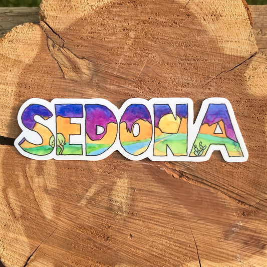 Red rock landscape sticker in Sedona letters