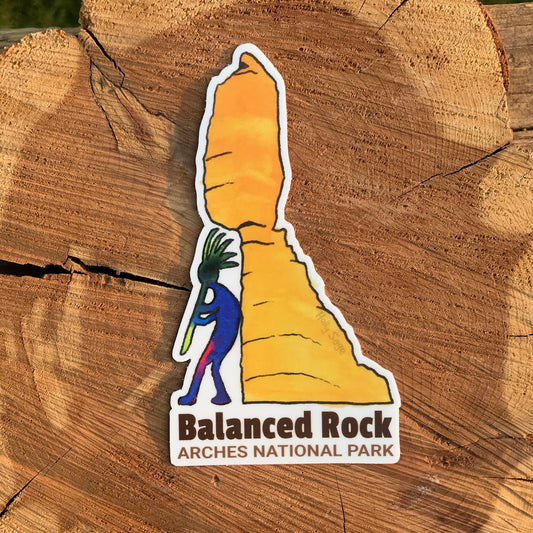 Balanced Rock from Arches National Park sticker with Kokopelli playing below