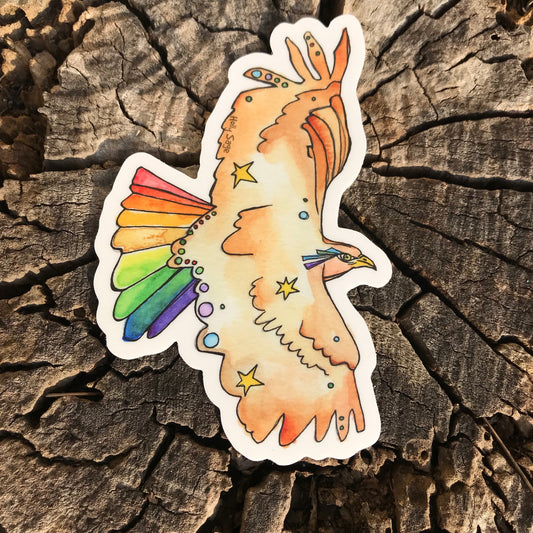Hawk with a rainbow-colored tail sticker