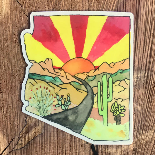 Arizona state outline sticker honoring road tripping through the desert