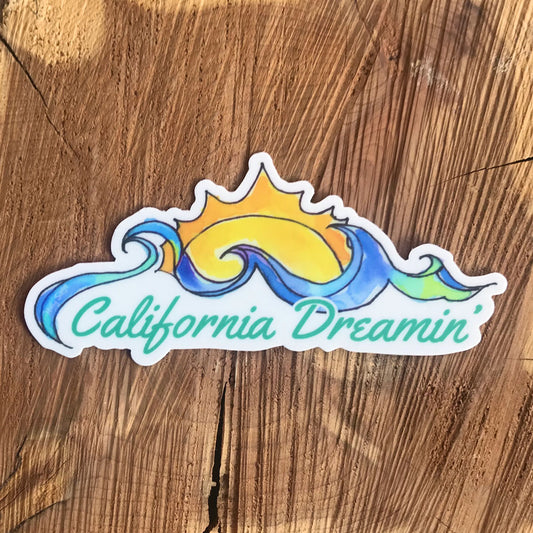 California Dreamin' sticker of crashing ocean waves and shining sun