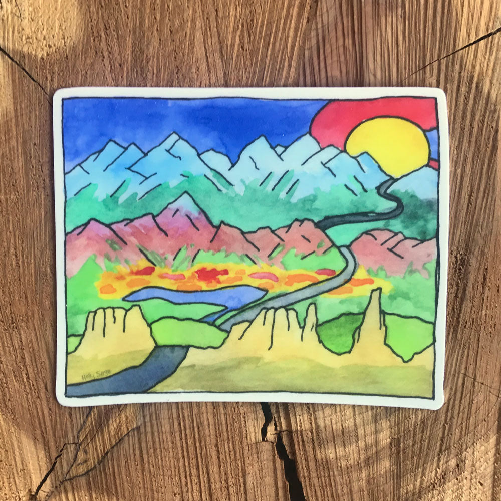 Colorado road trip sticker with a highway crossing the state's features