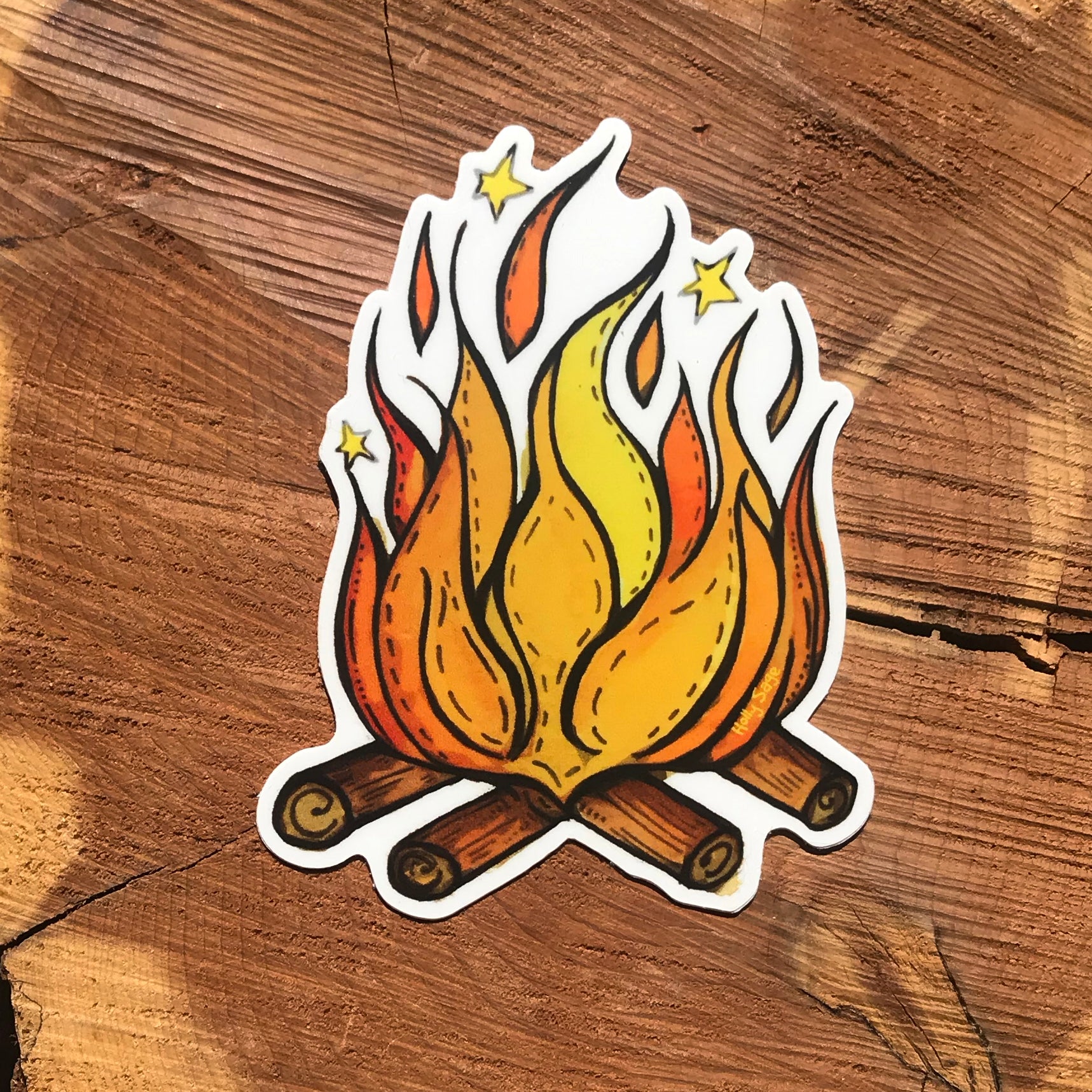 Campfire sticker of flames on logs