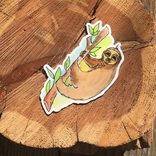 Smiling sloth sticker clinging to a branch